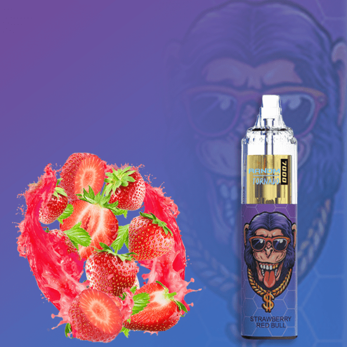 RandM Tornado 7000 vape in Strawberry Red Bull flavor with a cool gorilla design, surrounded by fresh strawberries and red liquid splash.