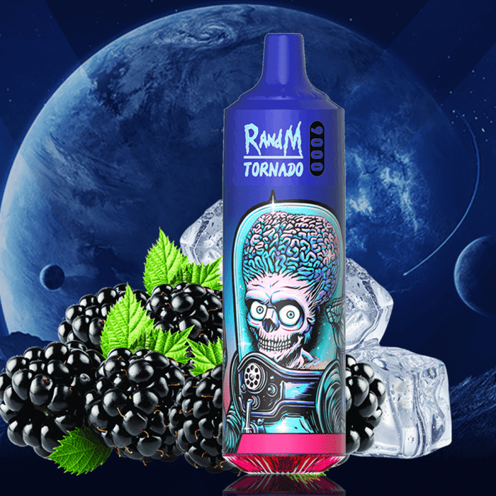 Random Tornado 9000 vape featuring a vibrant alien brain design with refreshing blackberry mint flavor and icy coolness for an enhanced vape experience.
