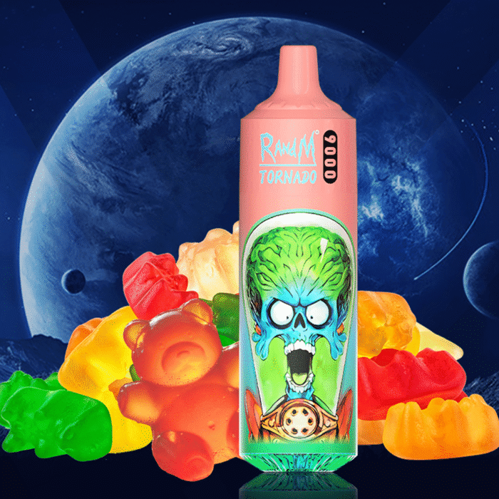 Random Tornado 9000 vape with an alien brain design, glowing green and yellow, surrounded by colorful gummy bear candies, offering a sweet and fruity candy flavor.