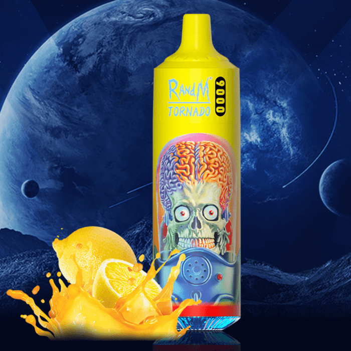 Random Tornado 9000 vape featuring a glowing alien brain design, surrounded by fresh lemons with juice splashing, for a tangy lemon vape experience.