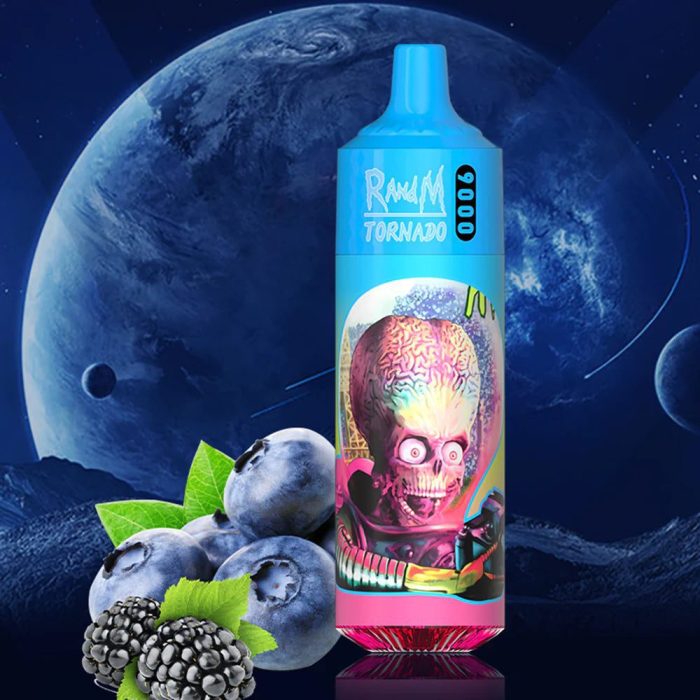 RandM Tornado 9000 blue disposable vape with vibrant alien artwork, surrounded by fresh blueberries and blackberries