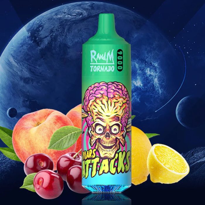 RandM Tornado 9000 green vape with Mars Attacks skull design, surrounded by peach, cherry, and lemon fruits