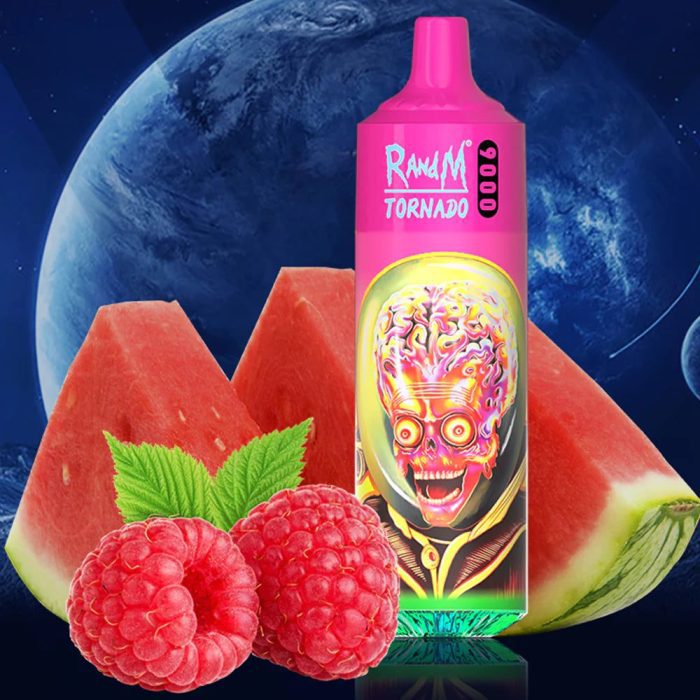 RandM Tornado 9000 disposable vape in bright pink with glowing alien head and fresh watermelon and raspberry fruits on a space background