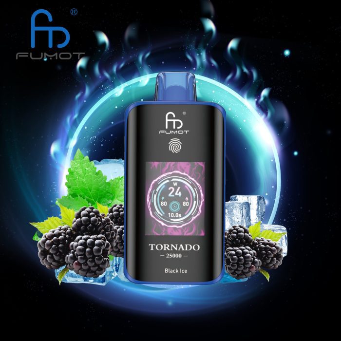 Fumot Tornado 25000 Black Ice disposable vape with LED screen, blackberries, mint leaves, and ice cubes on a cosmic background