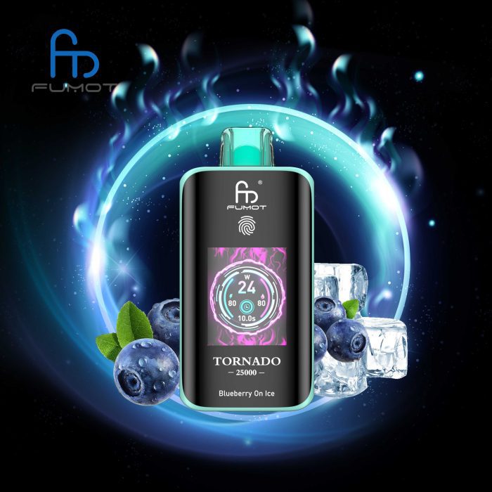 Fumot Tornado 25000 disposable vape in Blueberry On Ice flavor with fresh blueberries, ice cubes, and a glowing futuristic background