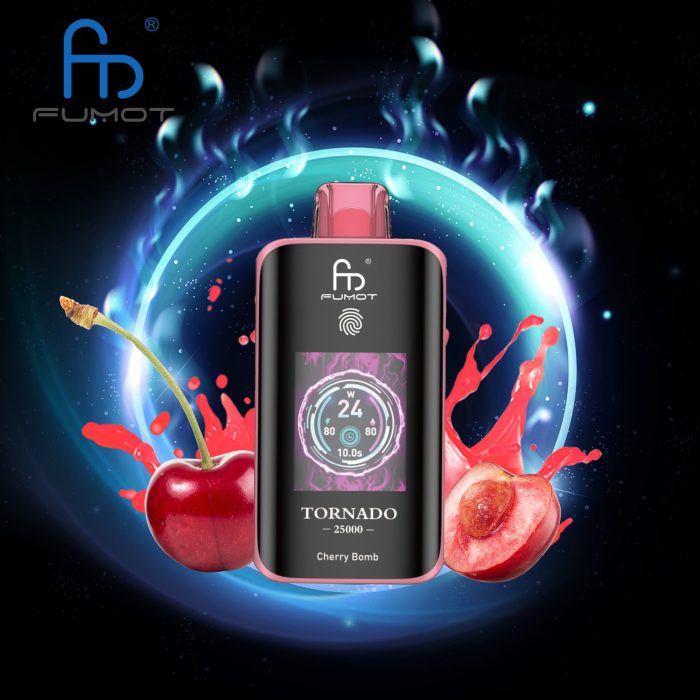 Fumot Tornado 25000 disposable vape in Cherry Bomb flavor with fresh cherries and red splash on a dark cosmic background