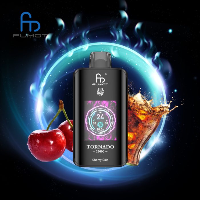 Fumot Tornado 25000 disposable vape in Cherry Cola flavor with cola splash, cherries, and a glowing dark background