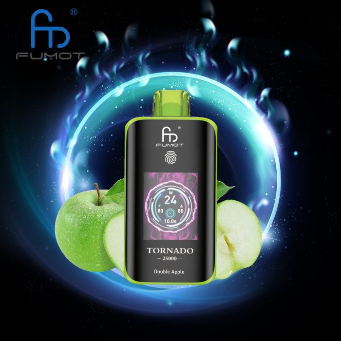 Fumot Tornado 25000 disposable vape in Double Apple flavor with green apples and cosmic glow in the background