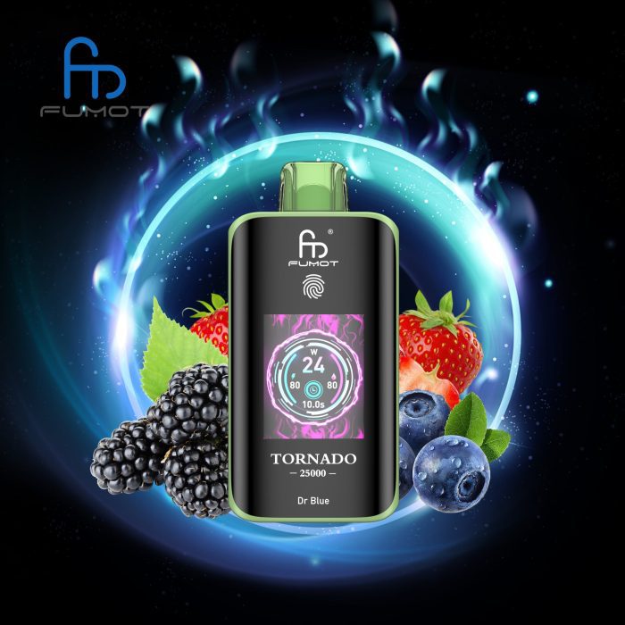 Fumot Tornado 25000 disposable vape in Dr Blue flavor with blueberries, blackberries, strawberries, and a glowing blue background