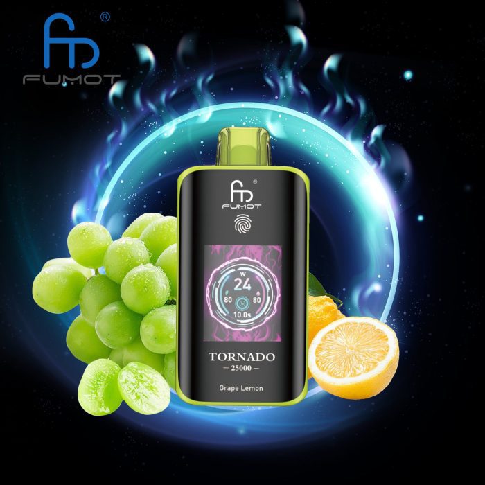 Fumot Tornado 25000 disposable vape in Grape Lemon flavor with green grapes and sliced lemon on a glowing dark background