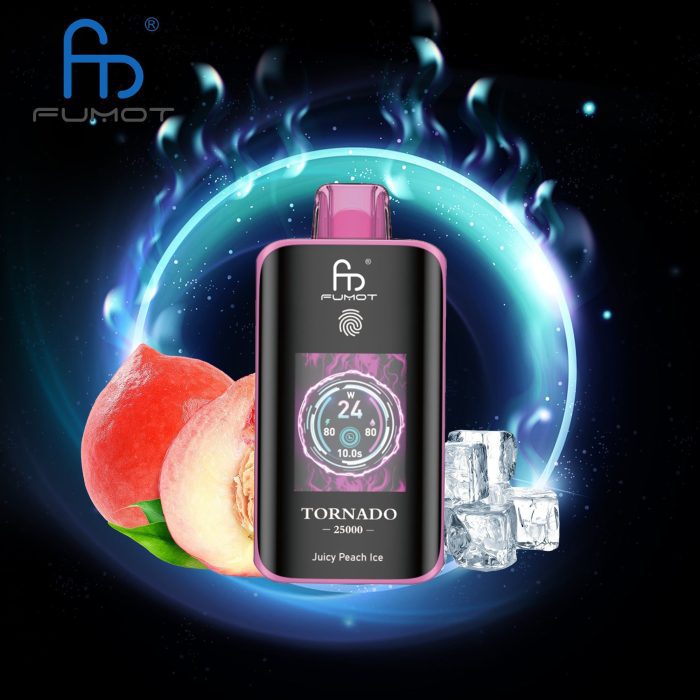 Fumot Tornado 25000 disposable vape in Juicy Peach Ice flavor with peach slices and ice cubes on a cosmic background