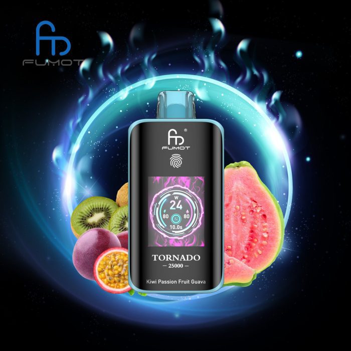 Fumot Tornado 25000 disposable vape in Kiwi Passion Fruit Guava flavor with tropical fruits and glowing background