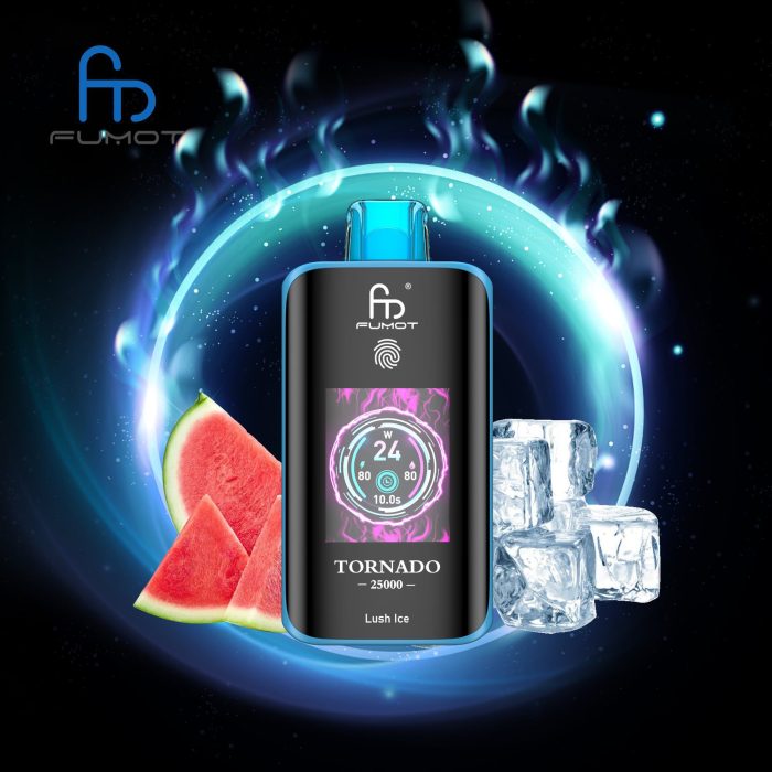 Fumot Tornado 25000 disposable vape in Lush Ice flavor with watermelon slices and ice cubes on a glowing space background