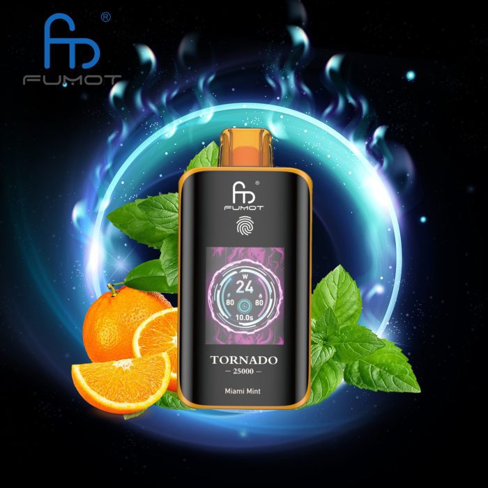Fumot Tornado 25000 disposable vape in Miami Mint flavor with mint leaves and orange slices on a glowing dark background