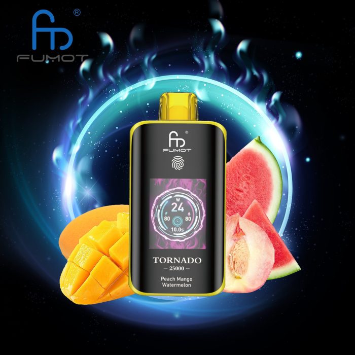 Fumot Tornado 25000 disposable vape in Peach Mango Watermelon flavor with fresh tropical fruits on a neon cosmic background