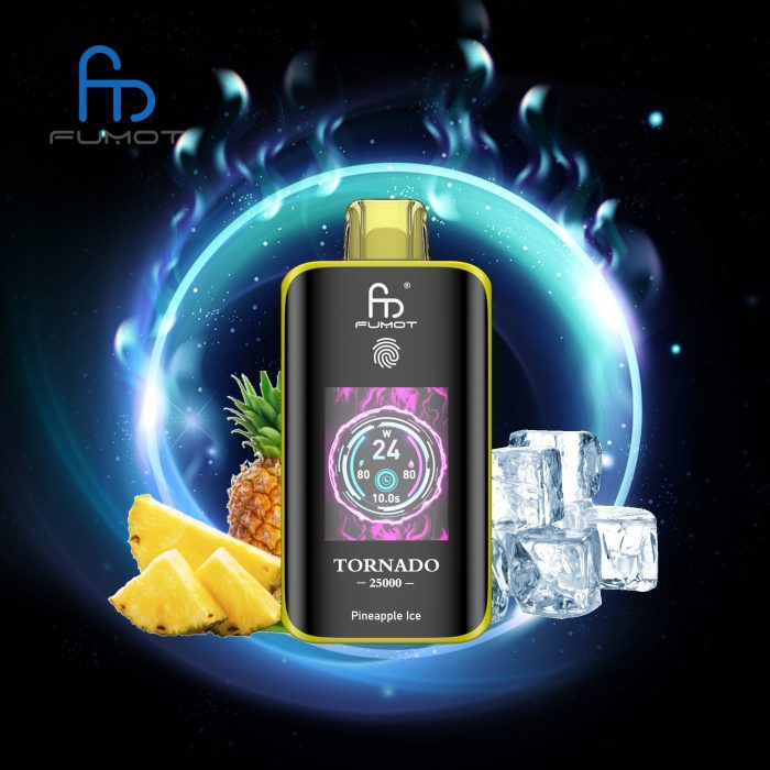 Fumot Tornado 25000 disposable vape in Pineapple Ice flavor with fresh pineapple slices and ice cubes on a glowing dark background
