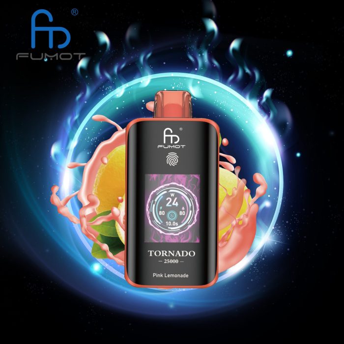 Fumot Tornado 25000 disposable vape in Pink Lemonade flavor with citrus slices and pink splash on a glowing galactic background