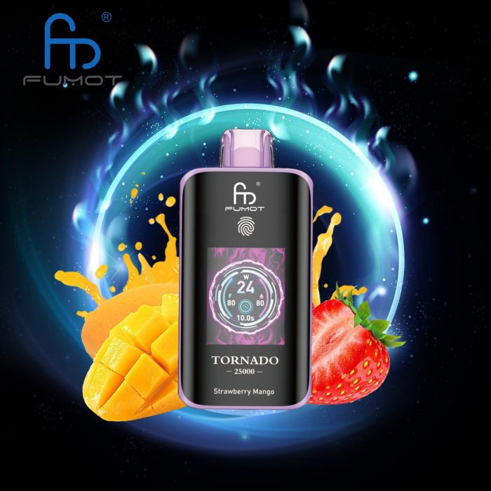 Fumot Tornado 25000 disposable vape in Strawberry Mango flavor with fresh mango slices and strawberries on a cosmic background