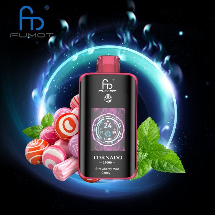Fumot Tornado 25000 disposable vape in Strawberry Mint Candy flavor with striped sweets and mint leaves on a glowing galaxy background