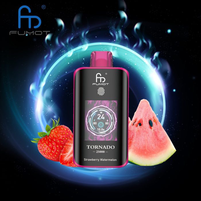 Fumot Tornado 25000 disposable vape in Strawberry Watermelon flavor with fresh strawberries and juicy watermelon slices on a cosmic background