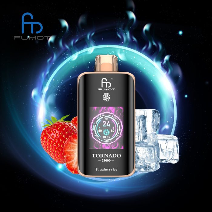 Fumot Tornado 25000 disposable vape in Strawberry Ice flavor with strawberries and ice cubes on a glowing cosmic background