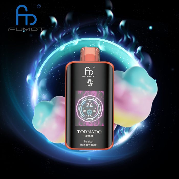 Fumot Tornado 25000 disposable vape in Tropical Rainbow Blast flavor with colorful cotton candy visuals and cosmic background