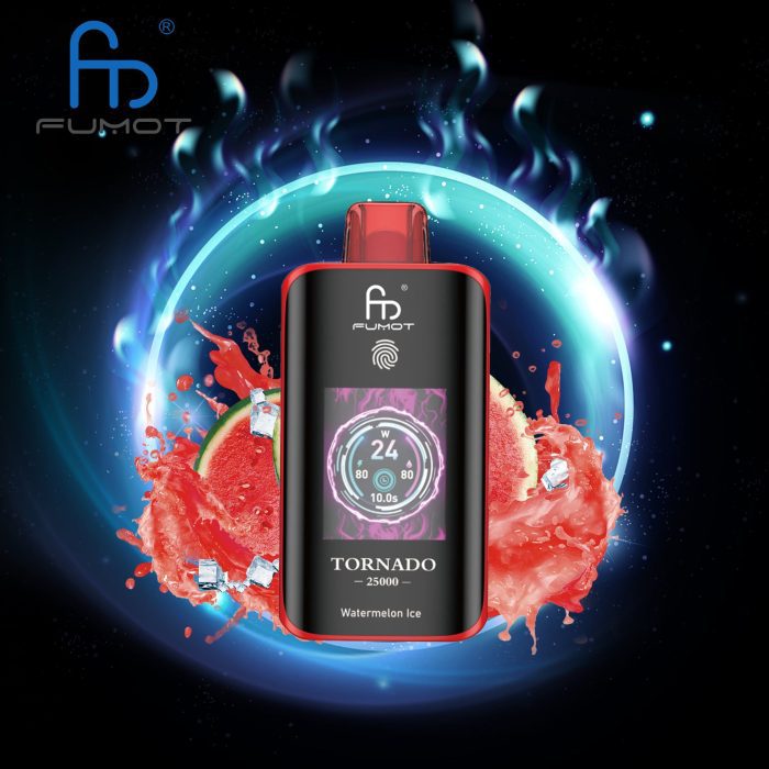 Fumot Tornado 25000 vape in Watermelon Ice flavor with red accents, watermelon splash and ice cubes, cosmic background