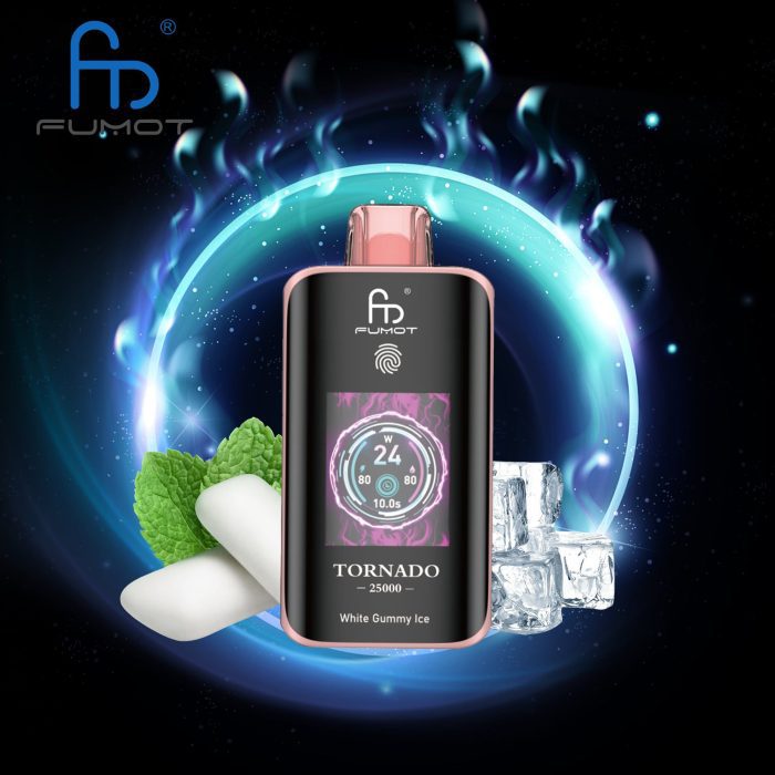 Fumot Tornado 25000 vape in White Gummy Ice flavor with mint leaves, white candy, and ice cubes on cosmic background