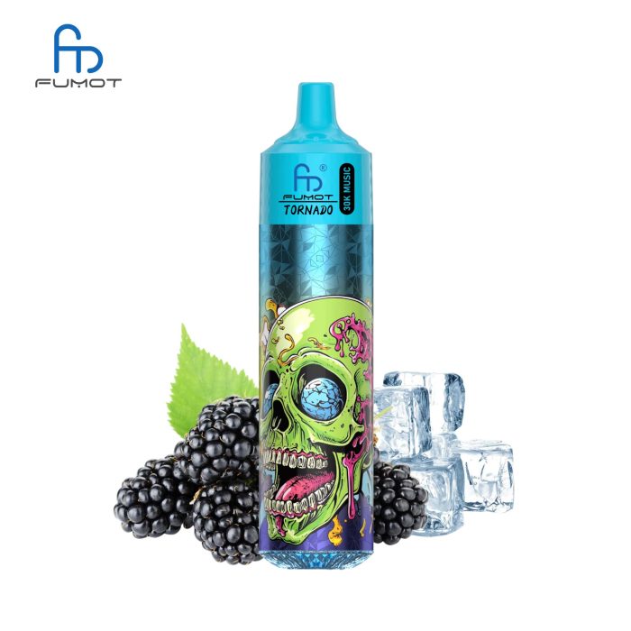 RandM Tornado 30K Blackberry Ice vape with blue top, graffiti skull design, blackberries, and ice cubes on white background