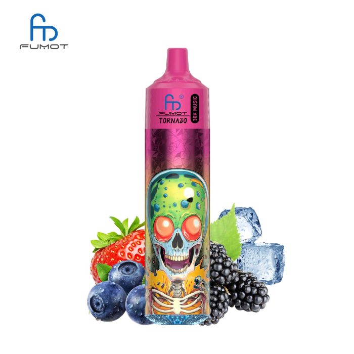 RandM Tornado 30K Dr Blue vape with pink top, alien skull design, surrounded by blueberries, blackberries, strawberries, and ice cubes