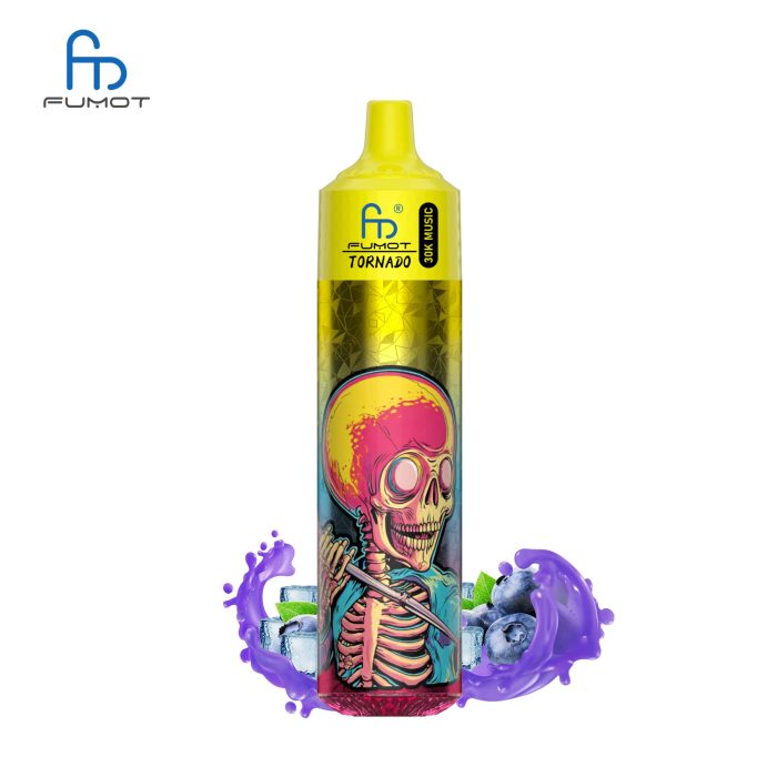 RandM Tornado 30K disposable vape in yellow with skull design, blueberry splash, and ice cubes