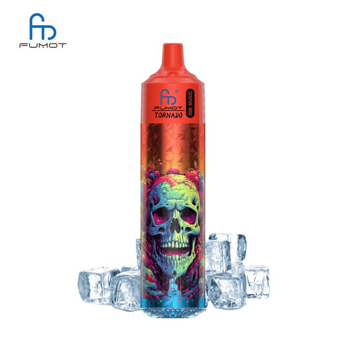 RandM Tornado 30K red disposable vape with vibrant skull design and ice cubes