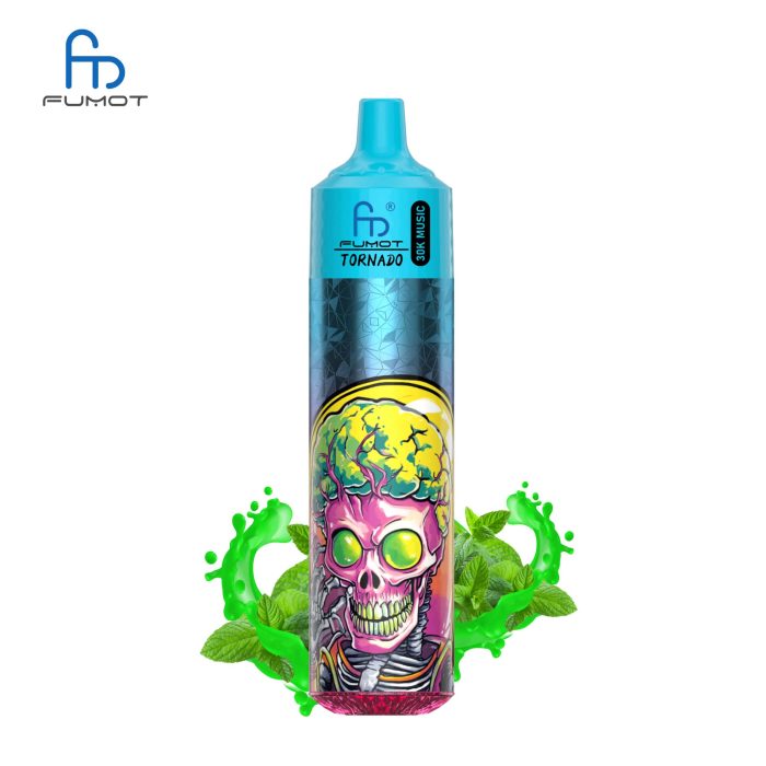 RandM Tornado 30K vape with mint flavor, featuring vibrant alien skull artwork and mint leaves
