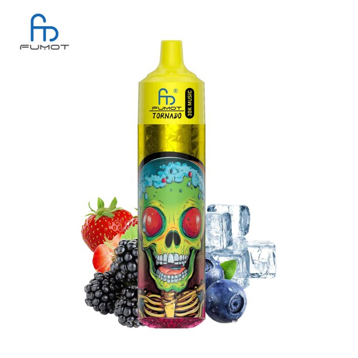 RandM Tornado 30K yellow vape with green skull design, surrounded by blueberries, blackberries, strawberries, and ice cubes