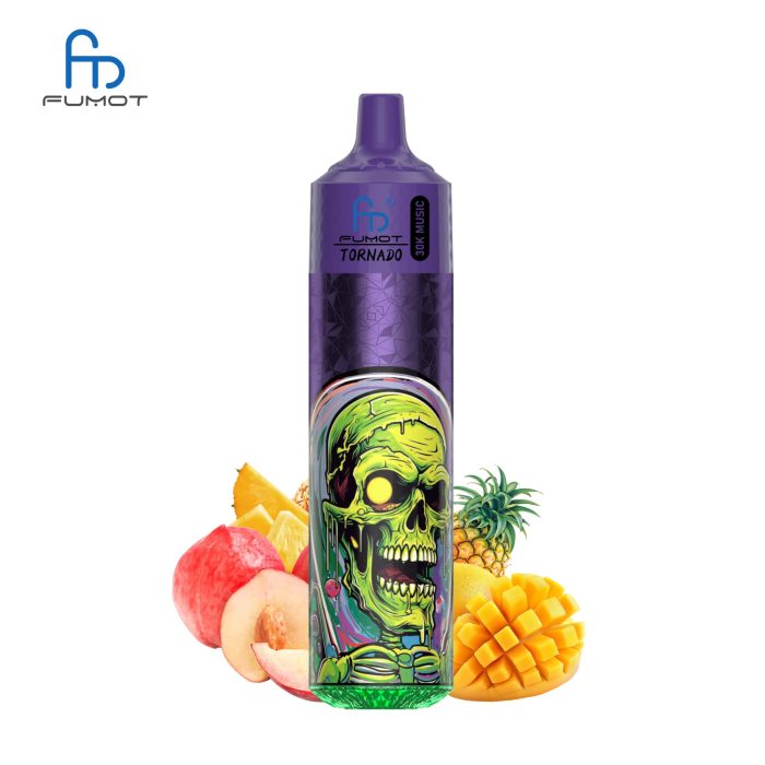 RandM Tornado 30K purple vape with neon green skull artwork, surrounded by peach slices, mango cubes, and pineapple
