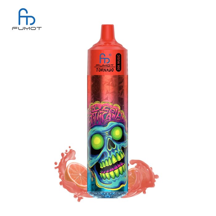 RandM Tornado 30K vape with red shell and glowing skull artwork, surrounded by pink grapefruit splash