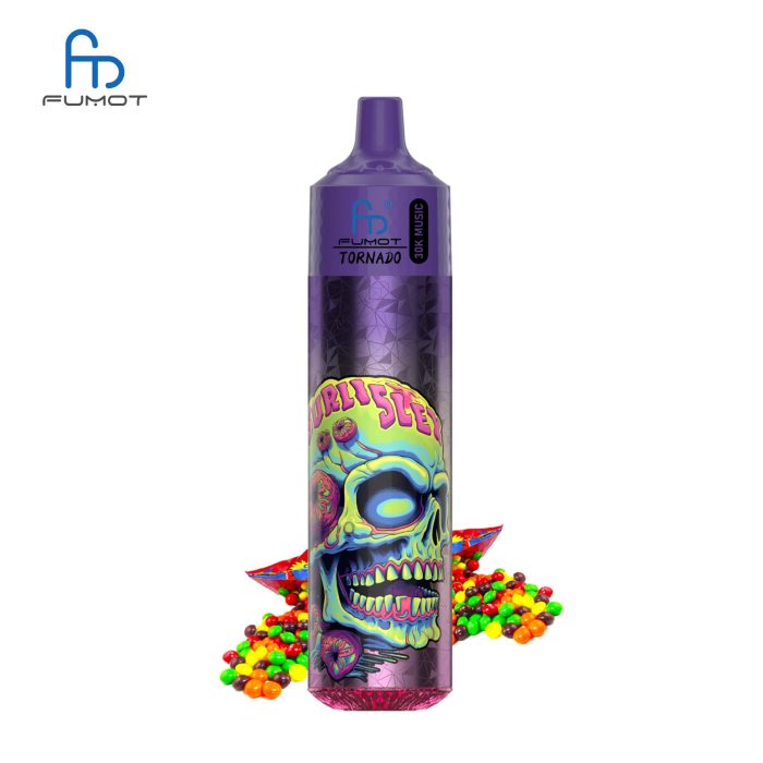 RandM Tornado 30K vape with purple body and neon skull design, surrounded by colorful sour candy pieces