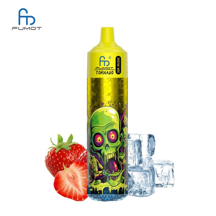 RandM Tornado 30K vape with bright yellow top and graffiti-style green skull, placed with strawberries and ice cubes