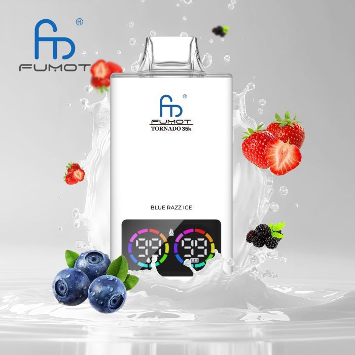 Fumot Tornado 35K Blue Razz Ice disposable vape with digital display, surrounded by blueberries, strawberries, and blackberries on a splash background