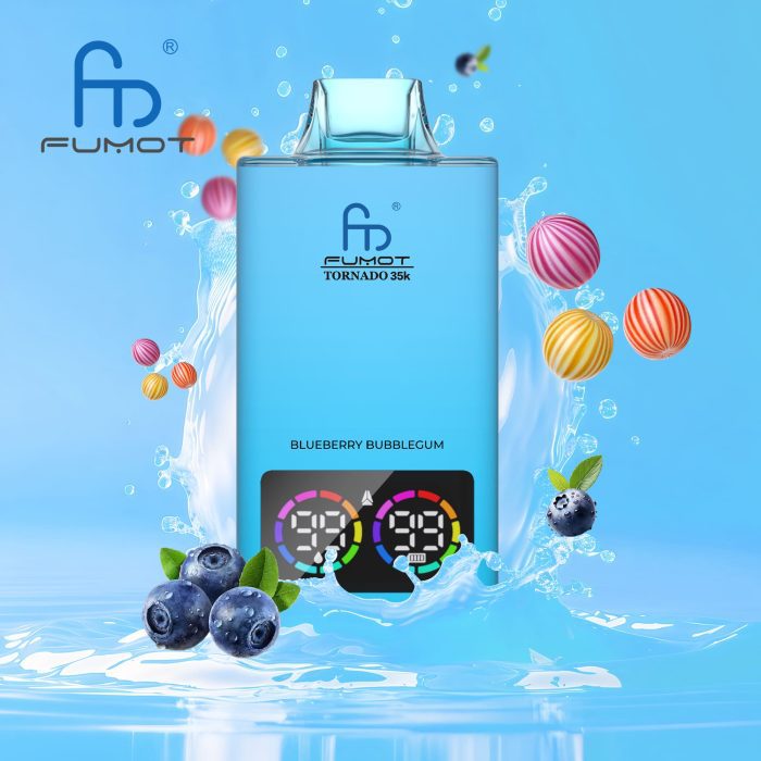 Fumot Tornado 35K disposable vape in Blueberry Bubblegum flavor with digital puff screen and candy-themed design
