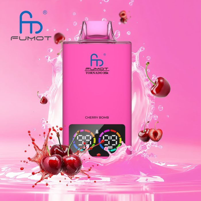 Fumot Tornado 35K disposable vape in Cherry Bomb flavor with cherries and splash background, featuring dual digital display