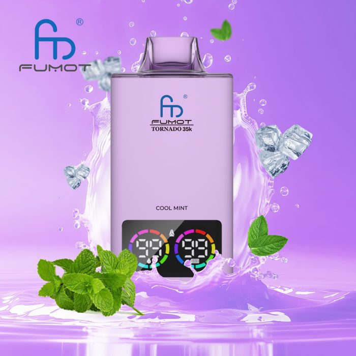 Fumot Tornado 35K disposable vape in Cool Mint flavor with ice cubes and mint leaves on a purple splash background