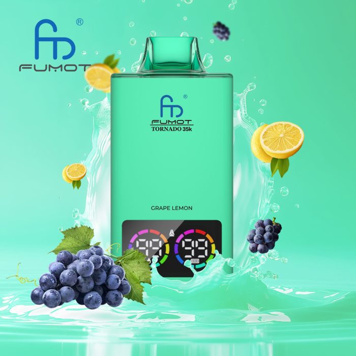 Fumot Tornado 35K disposable vape in Grape Lemon flavor with purple grapes, lemon slices, and splash design