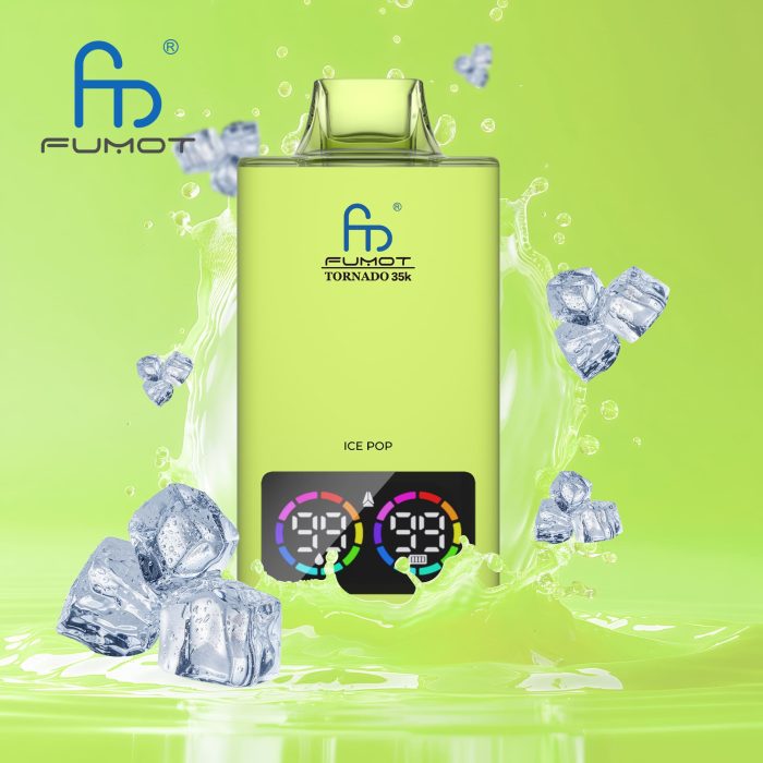 Fumot Tornado 35K disposable vape in Ice Pop flavor with ice cube splash effect on a bright green background