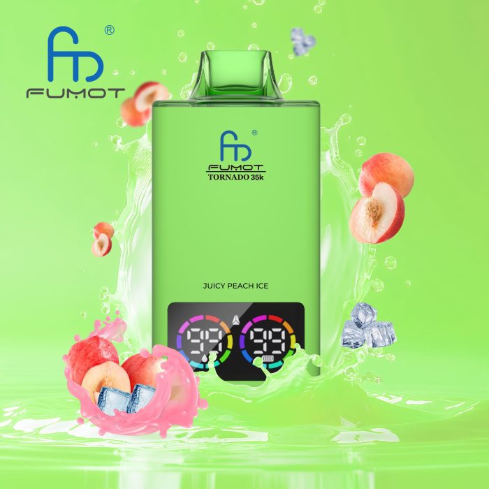 Fumot Tornado 35K disposable vape in Juicy Peach Ice flavor with splashing peaches, ice cubes, and vibrant green background