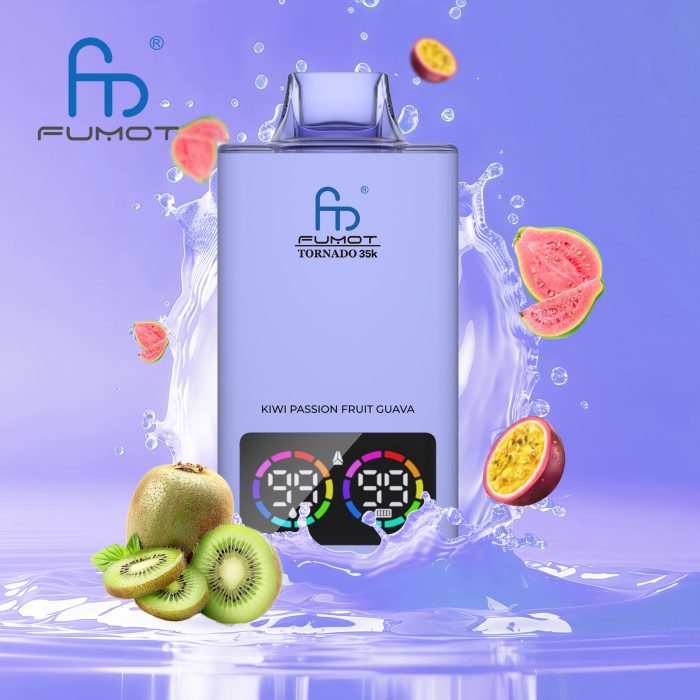 Fumot Tornado 35K disposable vape in Kiwi Passion Fruit Guava flavor with vibrant fruits and water splash on a purple background