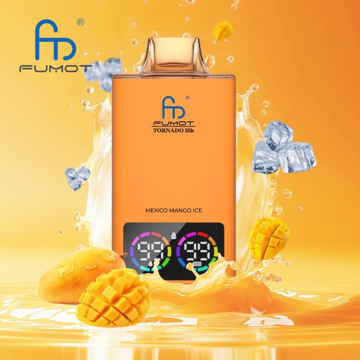 Fumot Tornado 35K disposable vape in Mexico Mango Ice flavor with mango chunks, ice cubes, and vibrant orange splash
