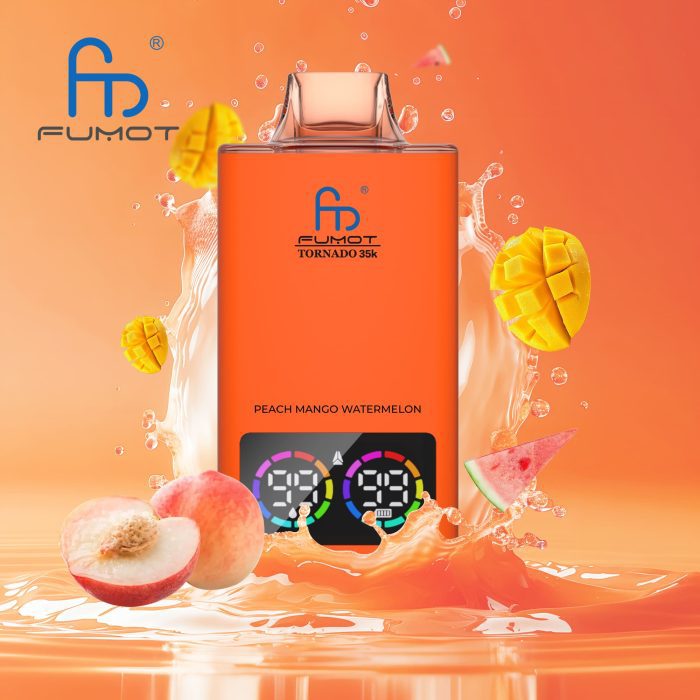 Fumot Tornado 35K disposable vape in Peach Mango Watermelon flavor with tropical fruit slices and splash effect