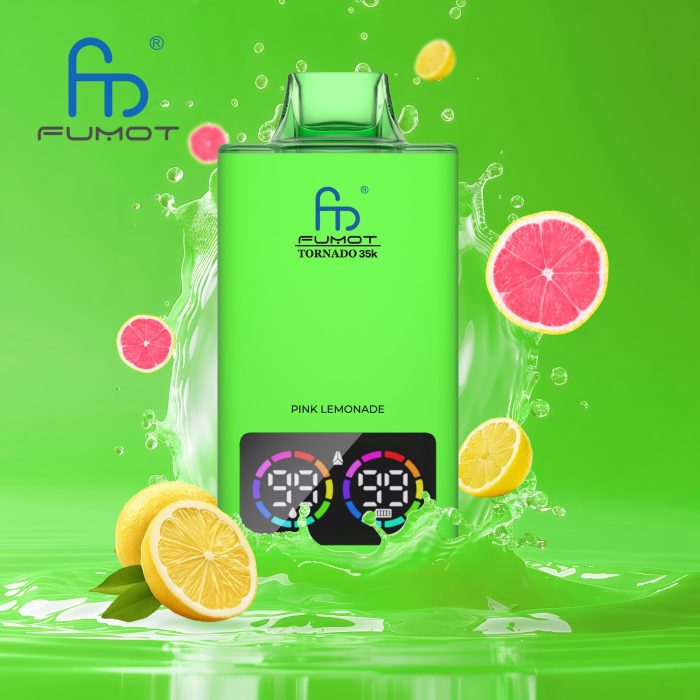 Fumot Tornado 35K disposable vape in Pink Lemonade flavor with lemon and grapefruit slices in a green splash background
