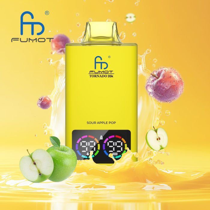 Fumot Tornado 35K disposable vape in Sour Apple Pop flavor with green apples, bubbles, and a vibrant yellow splash background